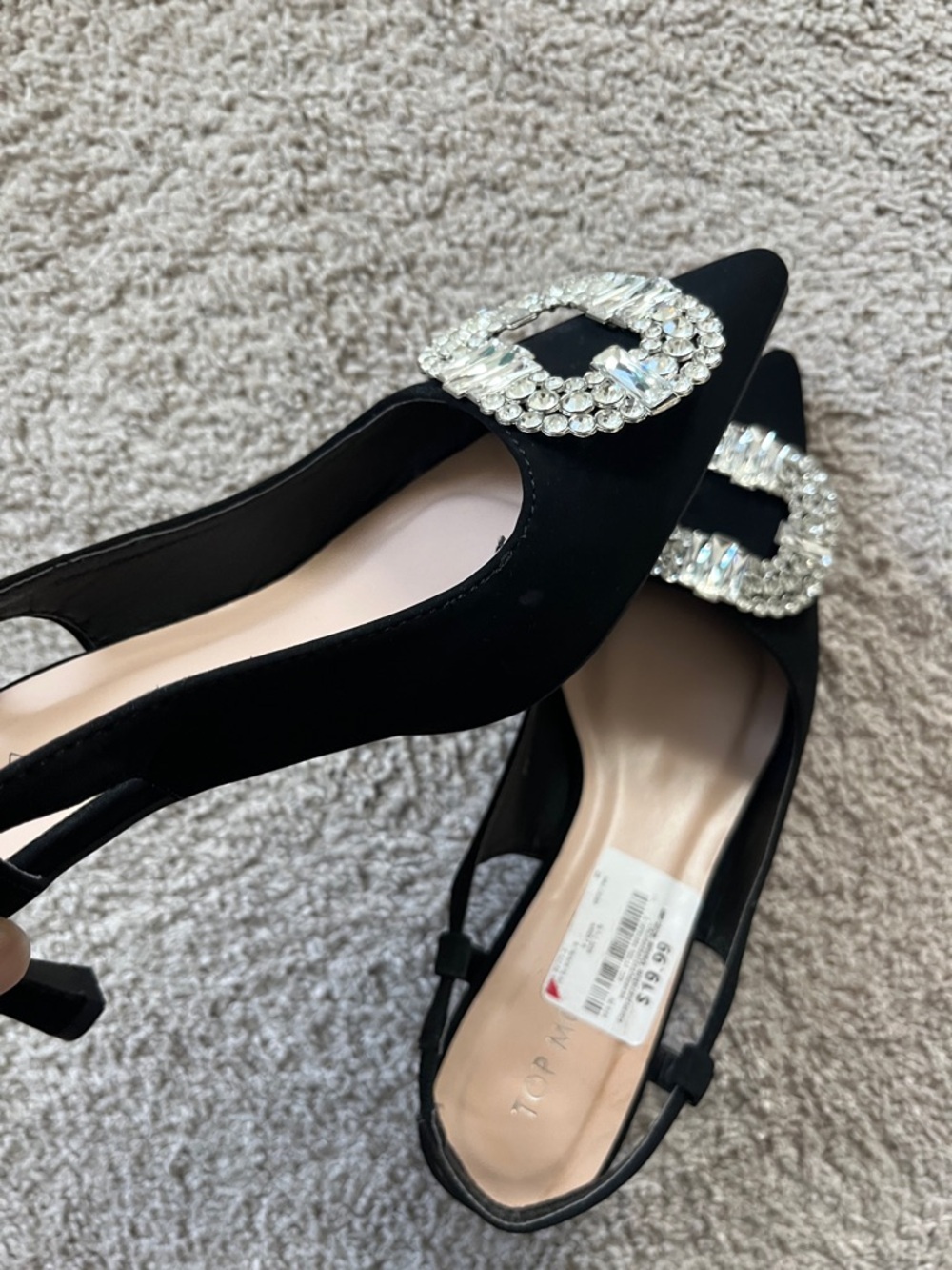 TOP Moda Black Pointed Slingback Kitten Heels with Crystal Buckle - Picture 3 of 13